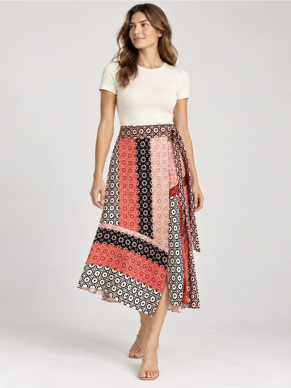 Derek Lam 10 Crosby 100% Silk Printed Wrap Midi Skirt Size 4 Multico Patchwork